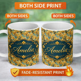 Personalized Custom Name Golden Yellow Orchid Floral Artistic Seamless Pattern Name Cute 11oz Ceramic Coffee Tea Mug White Large Handle