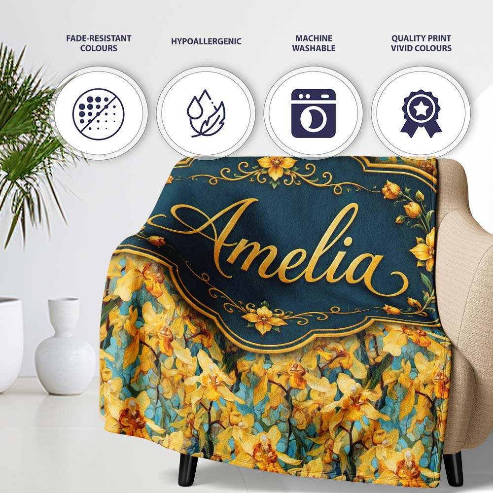 Golden Yellow Orchid Floral Artistic Seamless Pattern Name Cute  Personalised Custom Name Super Soft Fleece Blanket Bed Sofa Throw