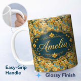 Personalized Custom Name Golden Yellow Orchid Floral Artistic Seamless Pattern Name Cute 11oz Ceramic Coffee Tea Mug White Large Handle
