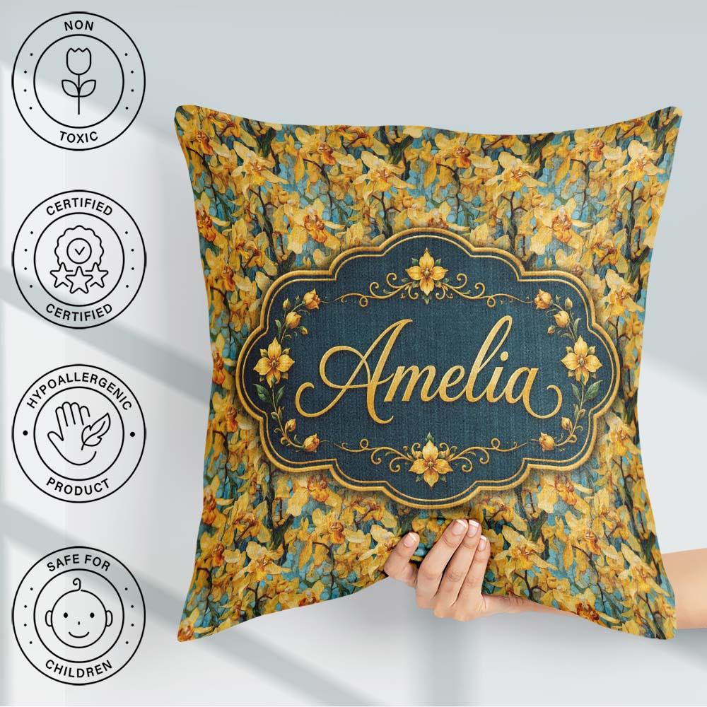 Custom Name Golden Yellow Orchid Artistic Seamless Pattern Name Square Filled Cushion Throw Pillow Sofa Bed Home Decor Zip Washable UK Made
