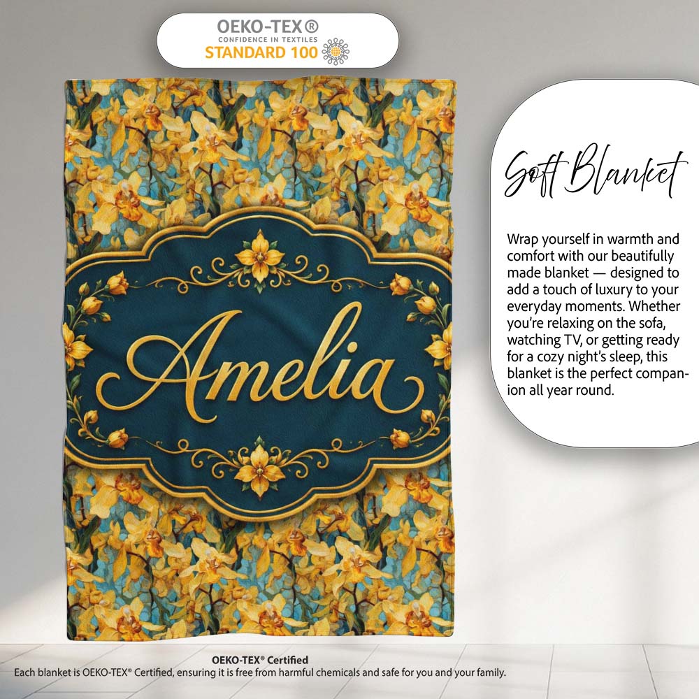 Golden Yellow Orchid Floral Artistic Seamless Pattern Name Cute  Personalised Custom Name Super Soft Fleece Blanket Bed Sofa Throw
