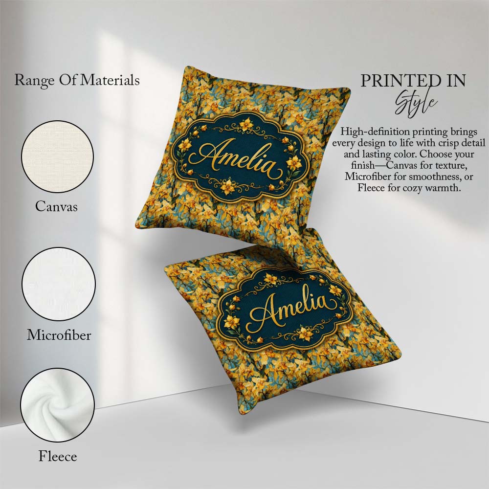 Custom Name Golden Yellow Orchid Artistic Seamless Pattern Name Square Filled Cushion Throw Pillow Sofa Bed Home Decor Zip Washable UK Made