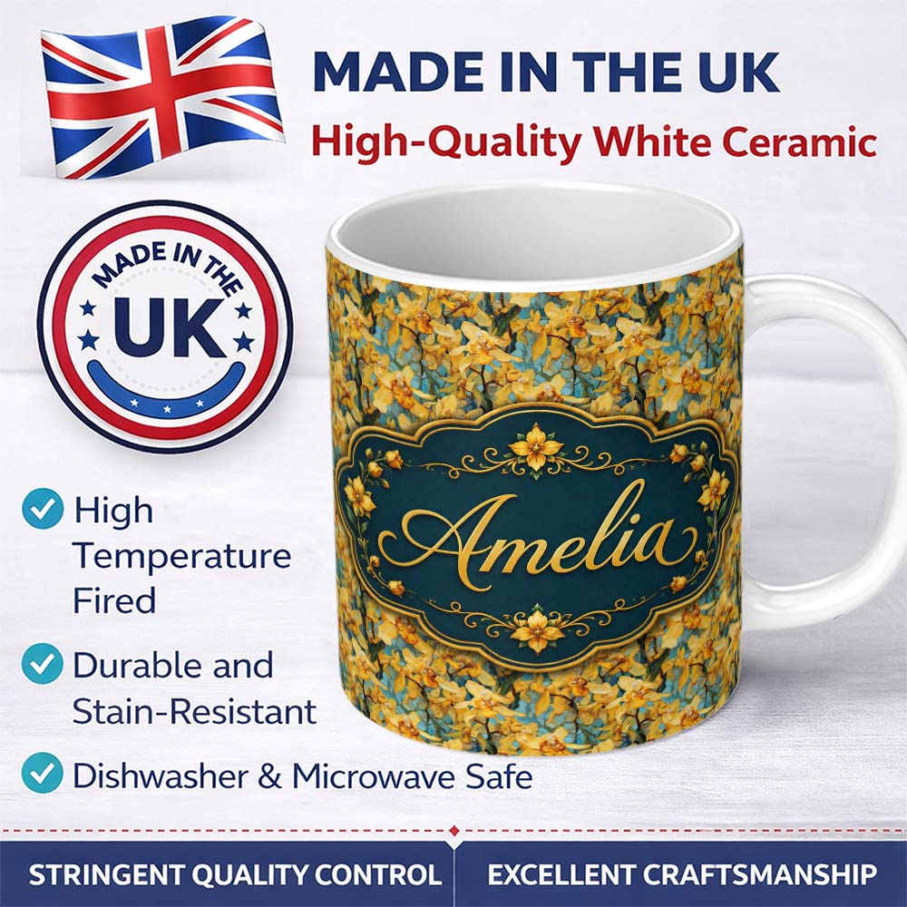 Personalized Custom Name Golden Yellow Orchid Floral Artistic Seamless Pattern Name Cute 11oz Ceramic Coffee Tea Mug White Large Handle