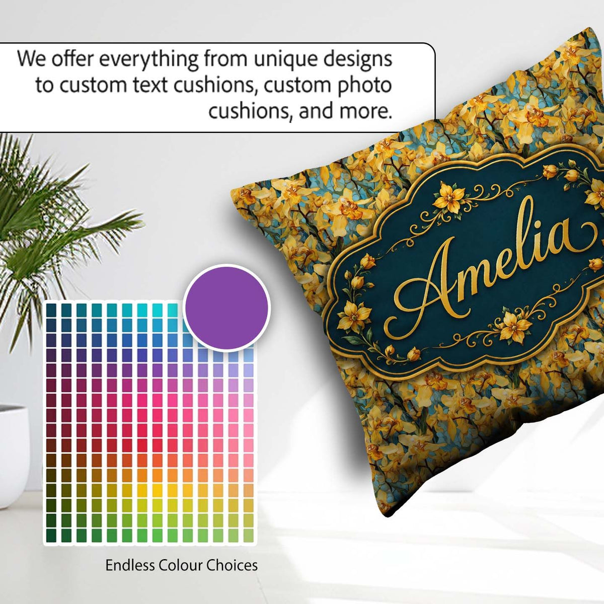 Custom Name Golden Yellow Orchid Artistic Seamless Pattern Name Square Filled Cushion Throw Pillow Sofa Bed Home Decor Zip Washable UK Made