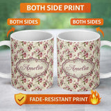 Personalized Custom Name Soft Pink Orchid Floral Vintage Seamless Pattern Name Cute Unique 11oz Ceramic Coffee Tea Mug White Large Handle