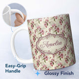 Personalized Custom Name Soft Pink Orchid Floral Vintage Seamless Pattern Name Cute Unique 11oz Ceramic Coffee Tea Mug White Large Handle