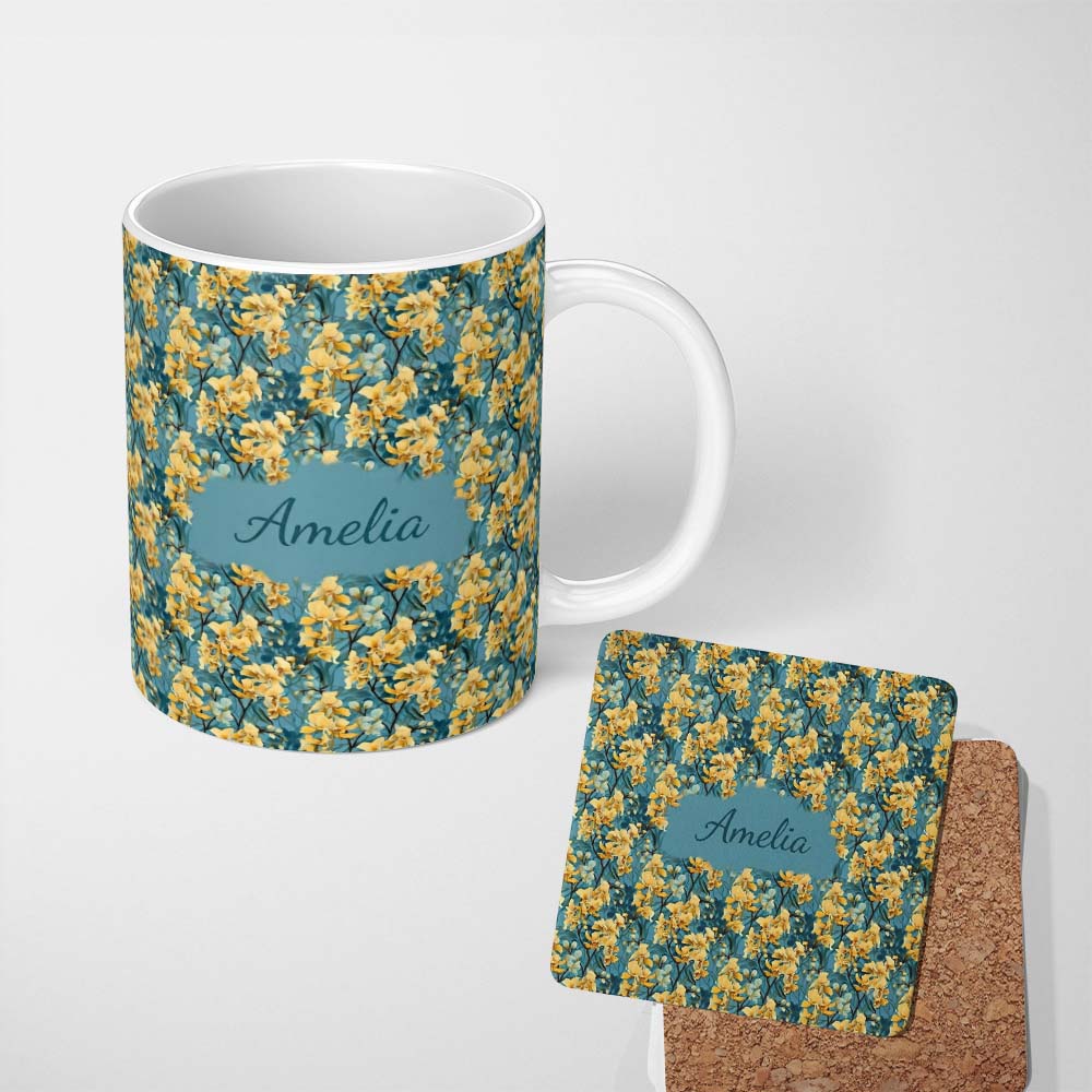 Personalized Custom Name Golden Yellow Floral Botanical Blue Background Seamless Pattern 11oz Ceramic Coffee Tea Mug White Large Handle