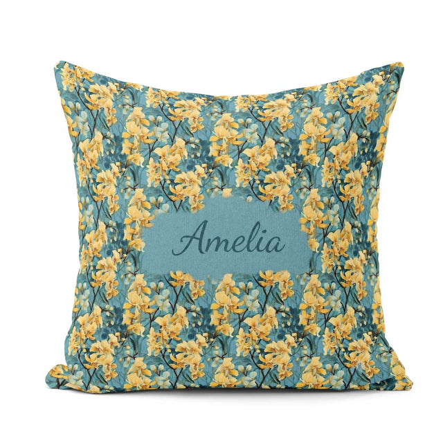 Custom Name Golden Yellow Floral Botanical Blue Seamless Pattern Square Filled Cushion Throw Pillow Sofa Bed Home Decor Zip Washable UK Made