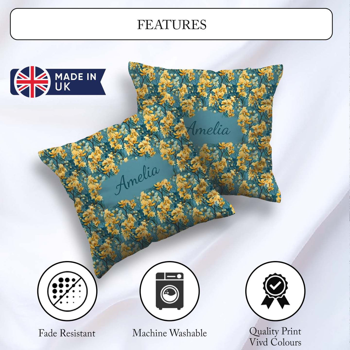 Custom Name Golden Yellow Floral Botanical Blue Seamless Pattern Square Filled Cushion Throw Pillow Sofa Bed Home Decor Zip Washable UK Made