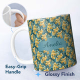 Personalized Custom Name Golden Yellow Floral Botanical Blue Background Seamless Pattern 11oz Ceramic Coffee Tea Mug White Large Handle