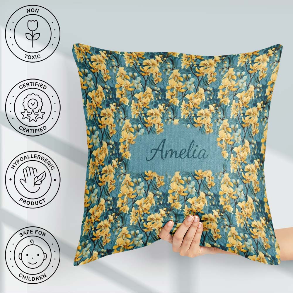Custom Name Golden Yellow Floral Botanical Blue Seamless Pattern Square Filled Cushion Throw Pillow Sofa Bed Home Decor Zip Washable UK Made