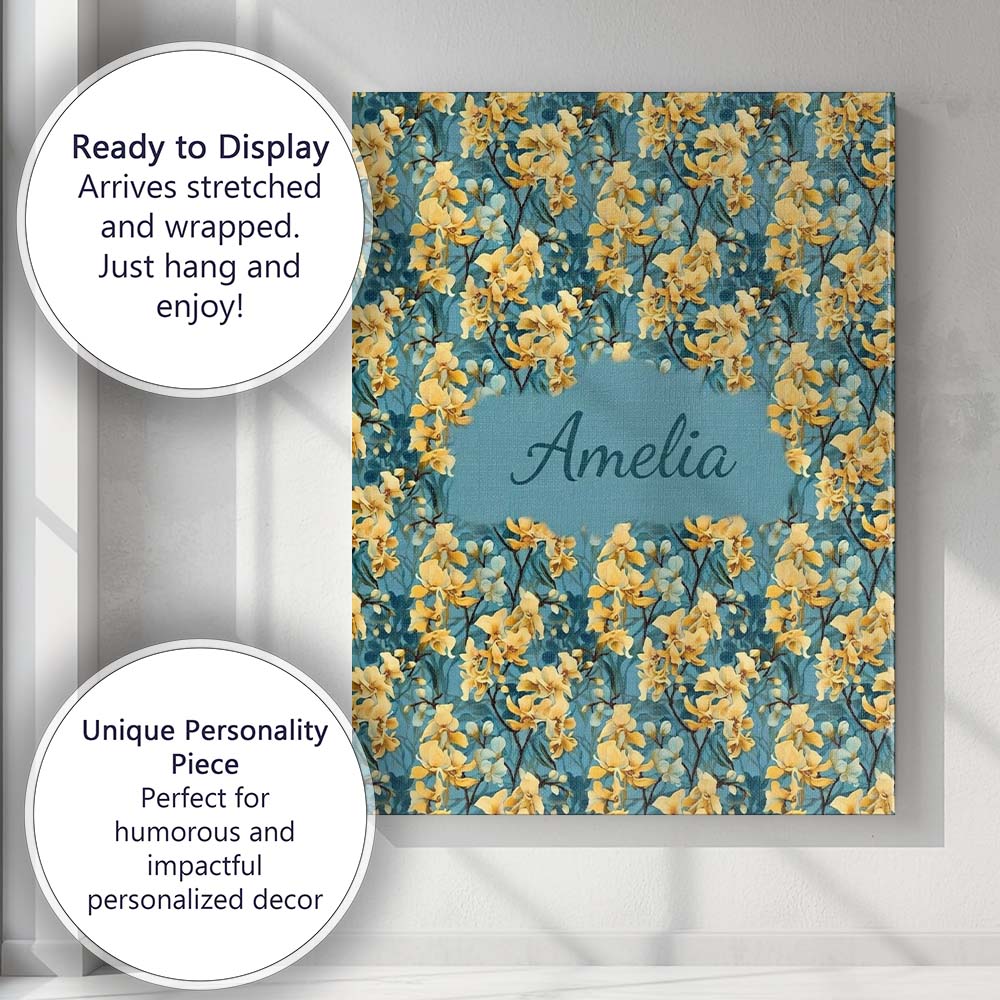 Personalised Name Golden Yellow Floral Custom  Modern Room Accent Elegant Feature Canvas Wall Art Print Decor Picture Ready to Hang