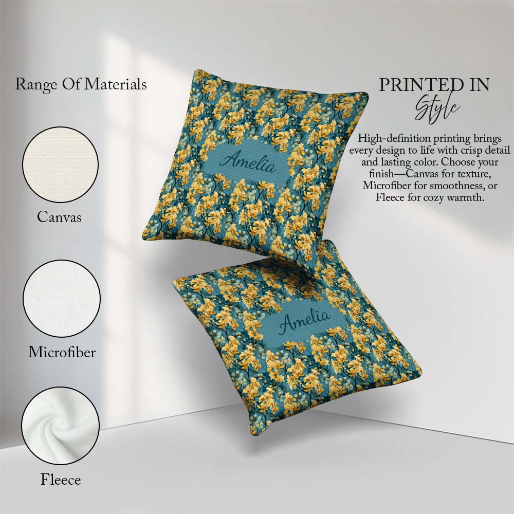 Custom Name Golden Yellow Floral Botanical Blue Seamless Pattern Square Filled Cushion Throw Pillow Sofa Bed Home Decor Zip Washable UK Made