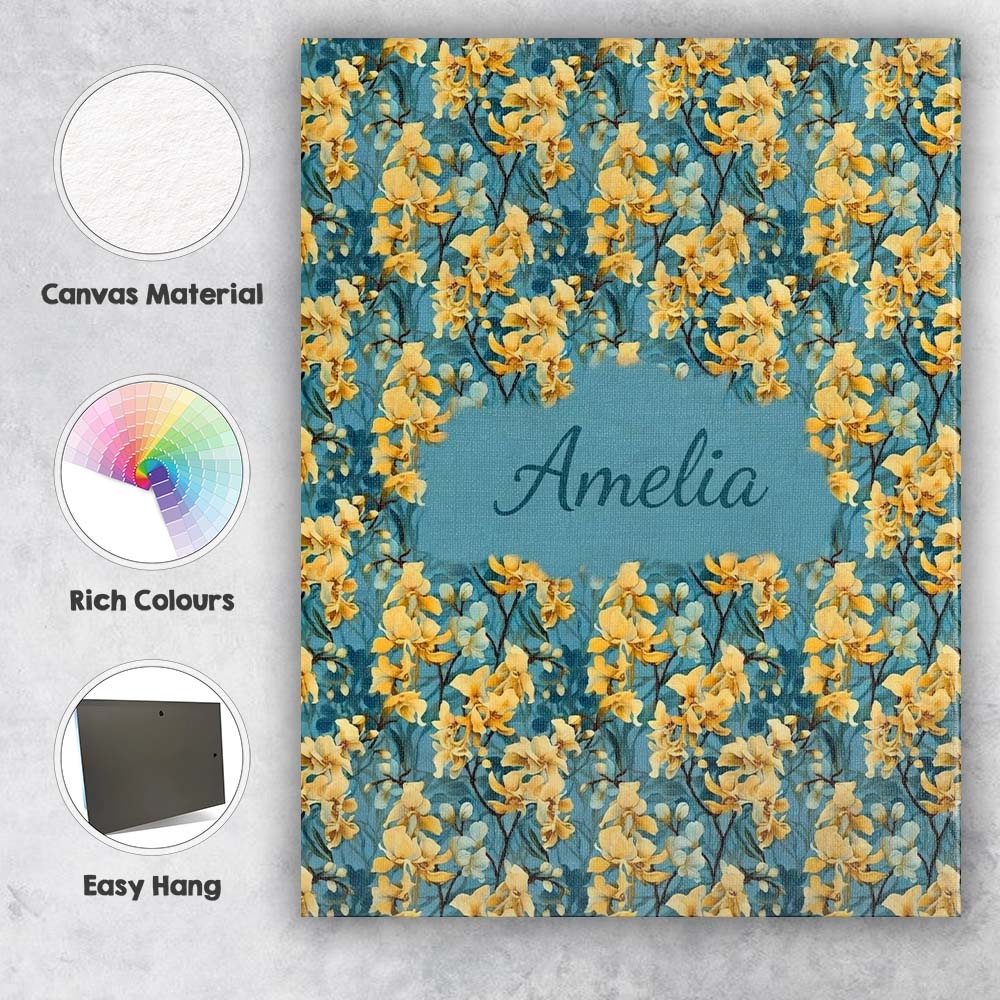 Personalised Name Golden Yellow Floral Custom  Modern Room Accent Elegant Feature Canvas Wall Art Print Decor Picture Ready to Hang