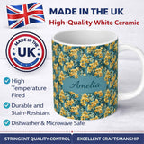 Personalized Custom Name Golden Yellow Floral Botanical Blue Background Seamless Pattern 11oz Ceramic Coffee Tea Mug White Large Handle