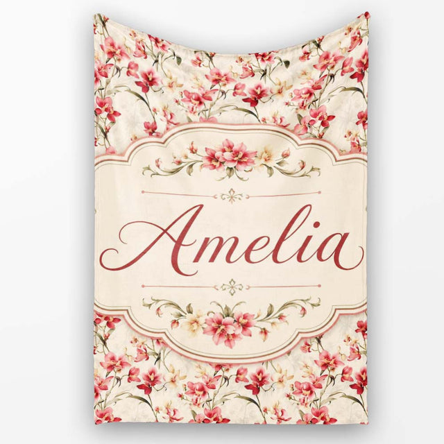 Elegant Red Orchid Floral Vintage Beige Seamless Pattern Name Cute  Personalised Custom Name Super Soft Fleece Blanket Bed Sofa Throw