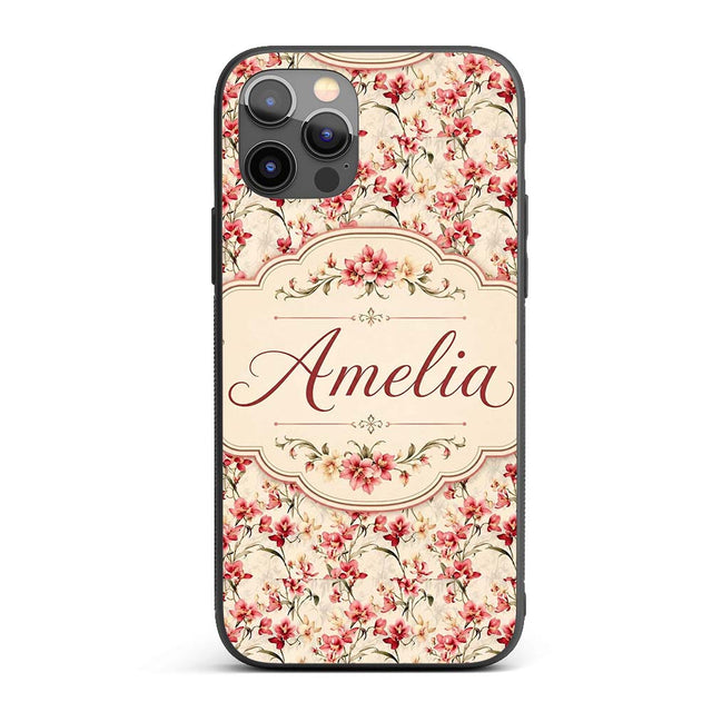 Elegant Red Orchid Floral Vintage Beige Seamless Custom Name Protective Phone Case Mobile Cover Durable Everyday Smartphone Shock Resistant