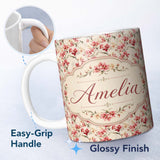 Personalized Custom Name Elegant Red Orchid Floral Vintage Beige Seamless Pattern Name Cute 11oz Ceramic Coffee Tea Mug White Large Handle