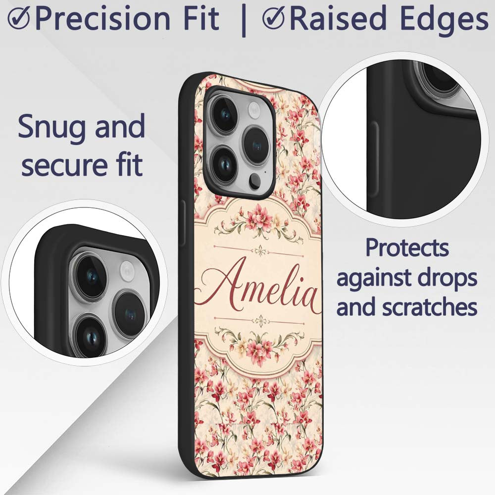 Elegant Red Orchid Floral Vintage Beige Seamless Custom Name Protective Phone Case Mobile Cover Durable Everyday Smartphone Shock Resistant