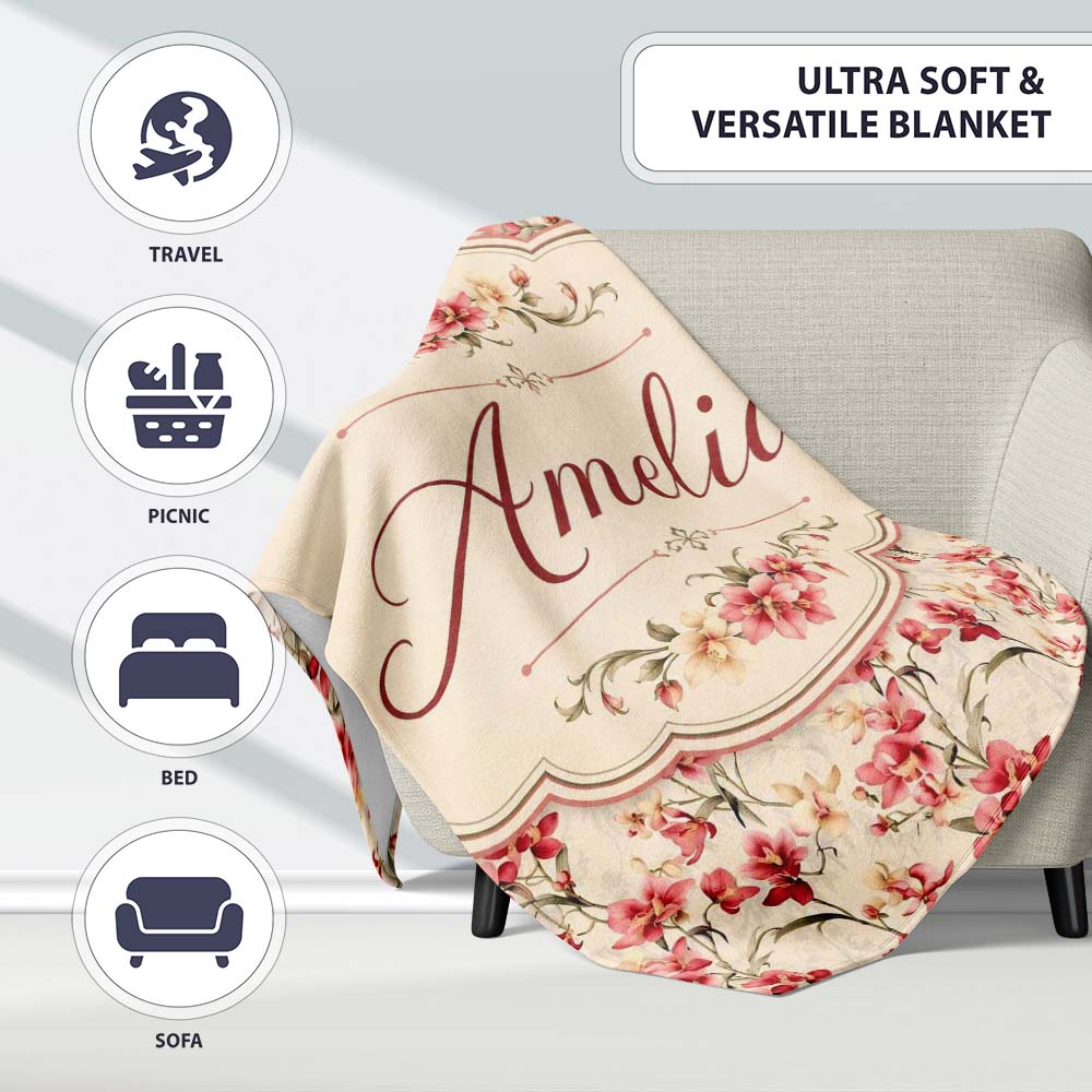Elegant Red Orchid Floral Vintage Beige Seamless Pattern Name Cute  Personalised Custom Name Super Soft Fleece Blanket Bed Sofa Throw