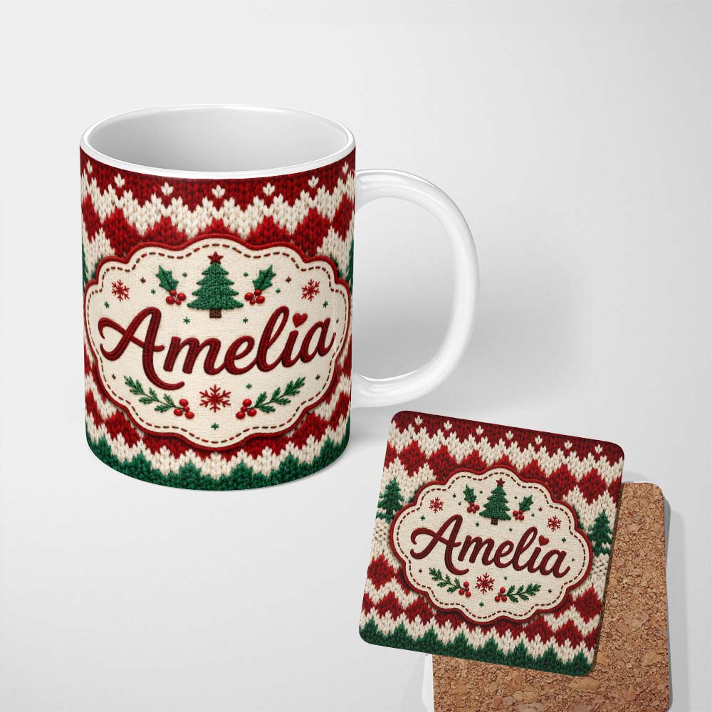 Personalized Custom Name Cute Handmade Wool Knit Red Green White Cozy Seamless Pattern Lovely 11oz Ceramic Coffee Tea Mug White Large Handle