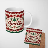 Personalized Custom Name Cute Handmade Wool Knit Red Green White Cozy Seamless Pattern Lovely 11oz Ceramic Coffee Tea Mug White Large Handle