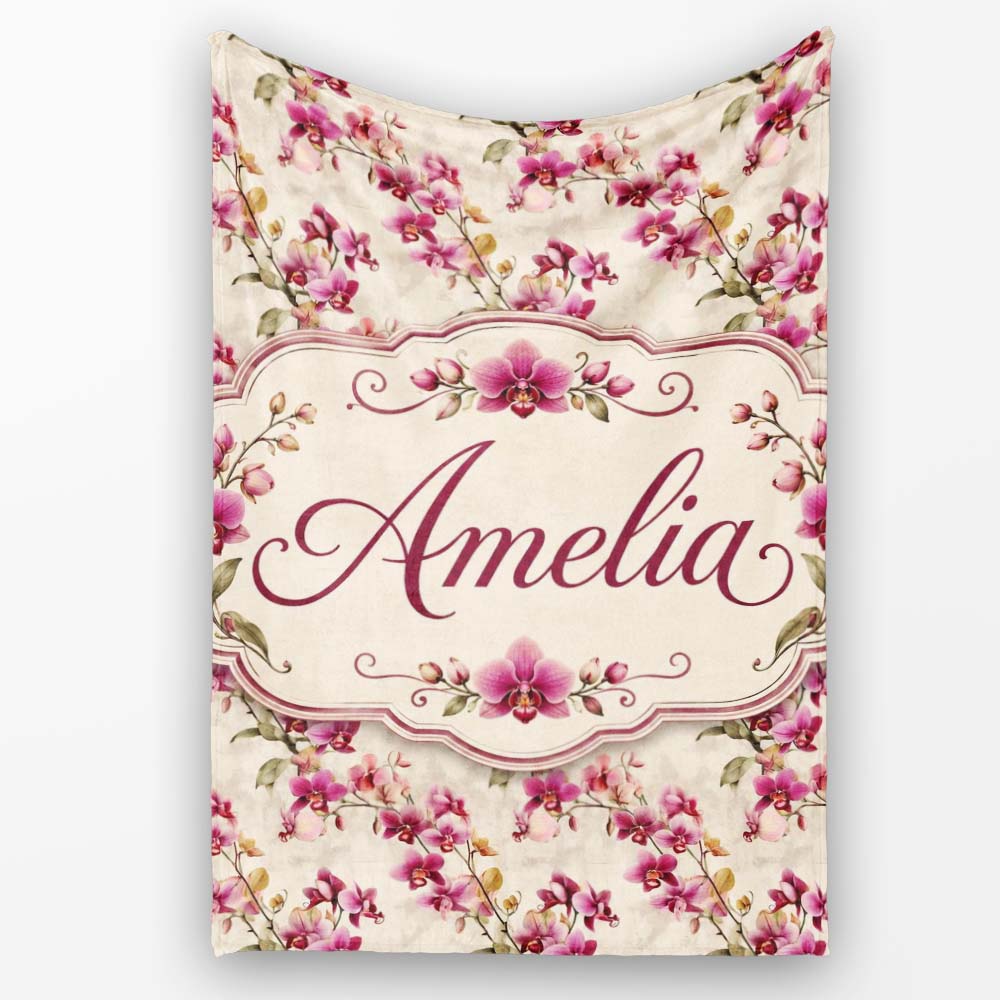 Pink Orchid Branch Vintage Neutral Seamless Pattern Name Cute  Personalised Custom Name Super Soft Fleece Blanket Bed Sofa Throw