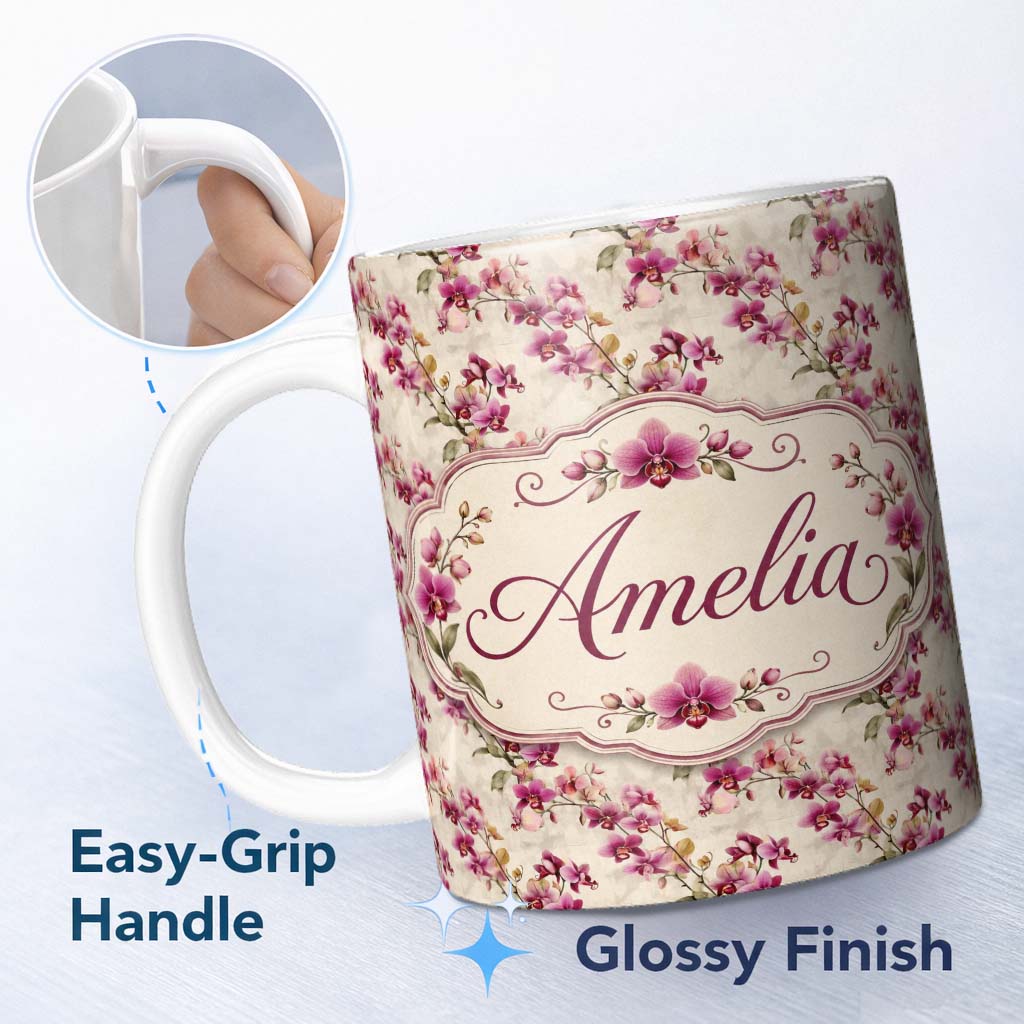 Personalized Custom Name Pink Orchid Branch Vintage Neutral Seamless Pattern Name Cute 11oz Ceramic Coffee Tea Mug White Large Handle