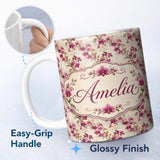 Personalized Custom Name Pink Orchid Branch Vintage Neutral Seamless Pattern Name Cute 11oz Ceramic Coffee Tea Mug White Large Handle