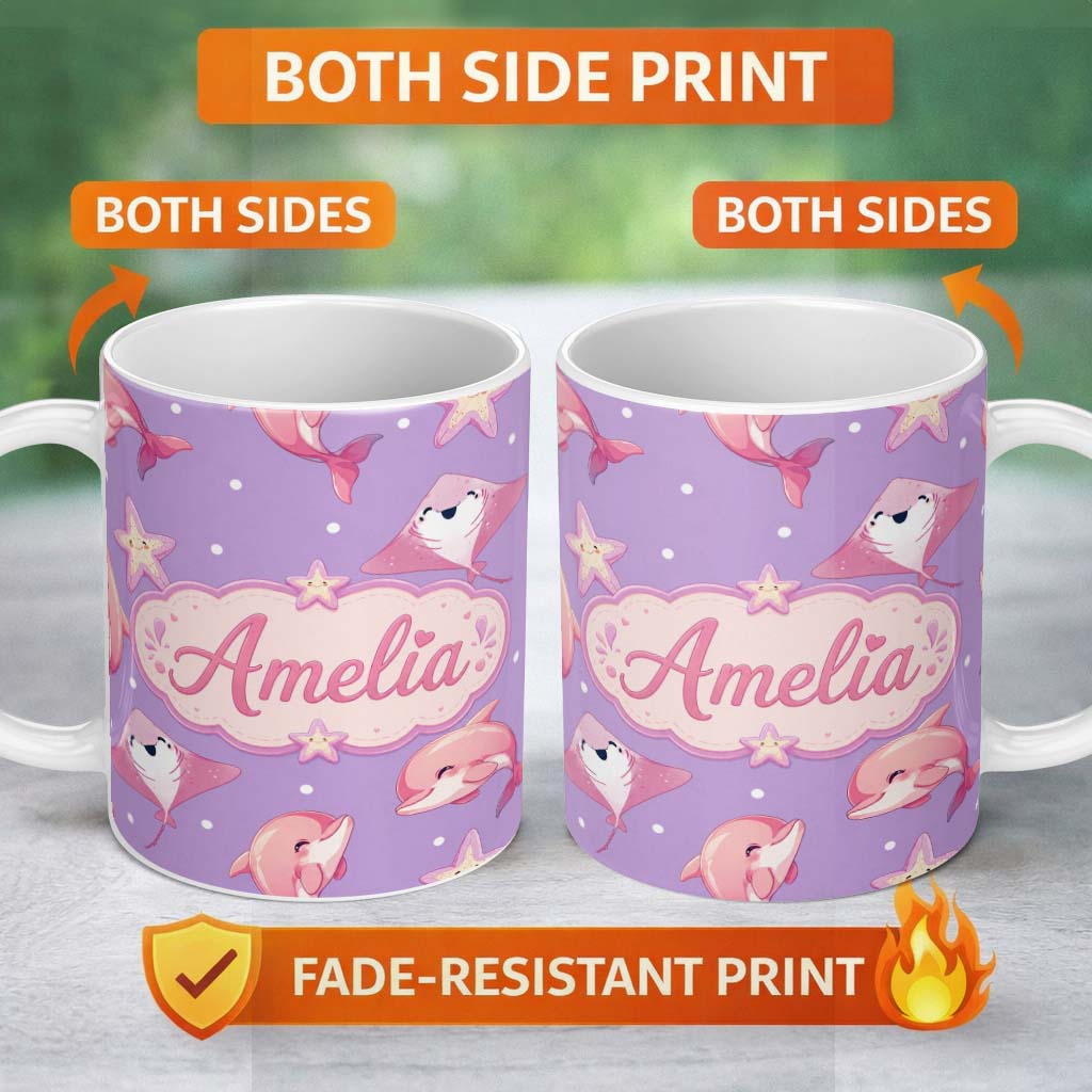 Personalized Custom Name Cute Pink Dolphins and Starfish Seamless Ocean Pattern Purple Lovely 11oz Ceramic Coffee Tea Mug White Large Handle