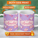 Personalized Custom Name Cute Pink Dolphins and Starfish Seamless Ocean Pattern Purple Lovely 11oz Ceramic Coffee Tea Mug White Large Handle
