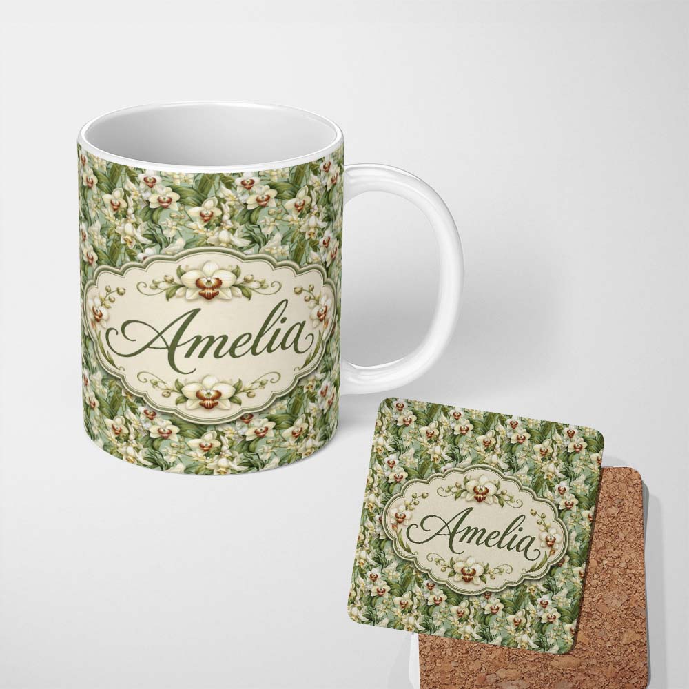 Personalized Custom Name Green Orchid Floral Garden Natural Seamless Pattern Name Cute 11oz Ceramic Coffee Tea Mug White Large Handle