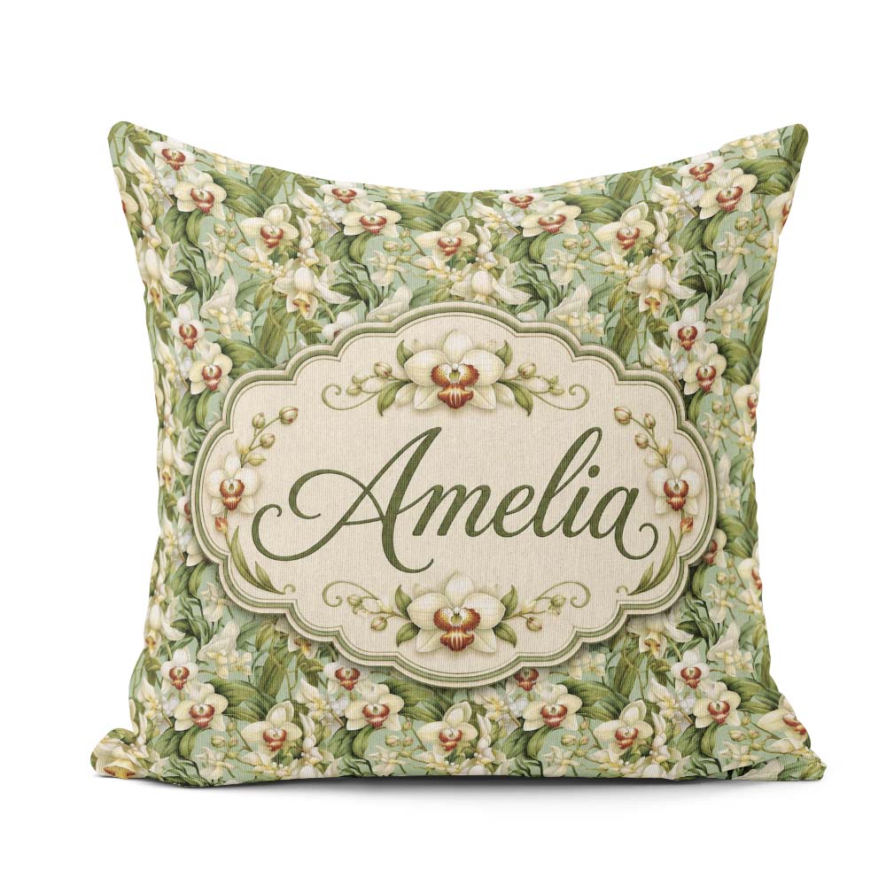 Custom Name Green Orchid Floral Garden Natural Pattern Name Cute Square Filled Cushion Throw Pillow Sofa Bed Home Decor Zip Washable UK Made