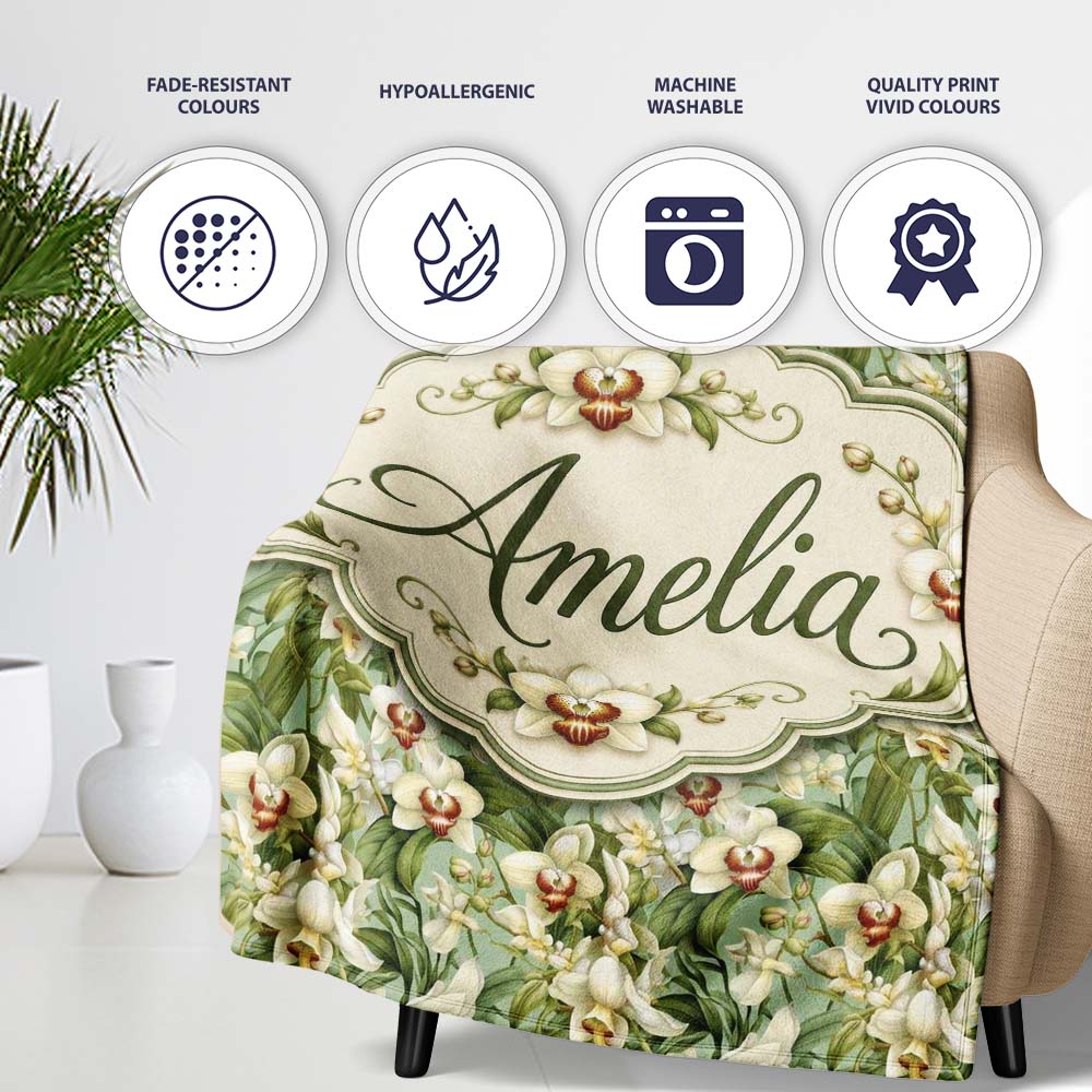 Green Orchid Floral Garden Natural Seamless Pattern Name Cute  Personalised Custom Name Super Soft Fleece Blanket Bed Sofa Throw
