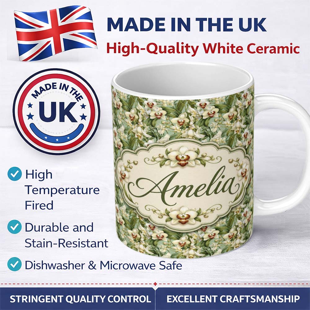 Personalized Custom Name Green Orchid Floral Garden Natural Seamless Pattern Name Cute 11oz Ceramic Coffee Tea Mug White Large Handle