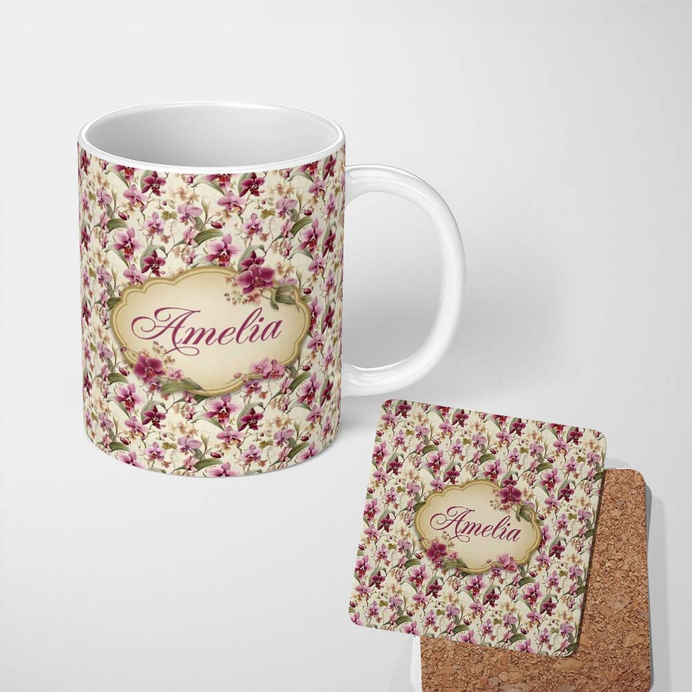 Personalized Custom Name Blush Pink Orchid Floral Vintage Garden Seamless Pattern Name Cute 11oz Ceramic Coffee Tea Mug White Large Handle