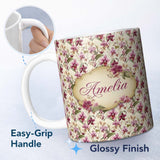 Personalized Custom Name Blush Pink Orchid Floral Vintage Garden Seamless Pattern Name Cute 11oz Ceramic Coffee Tea Mug White Large Handle