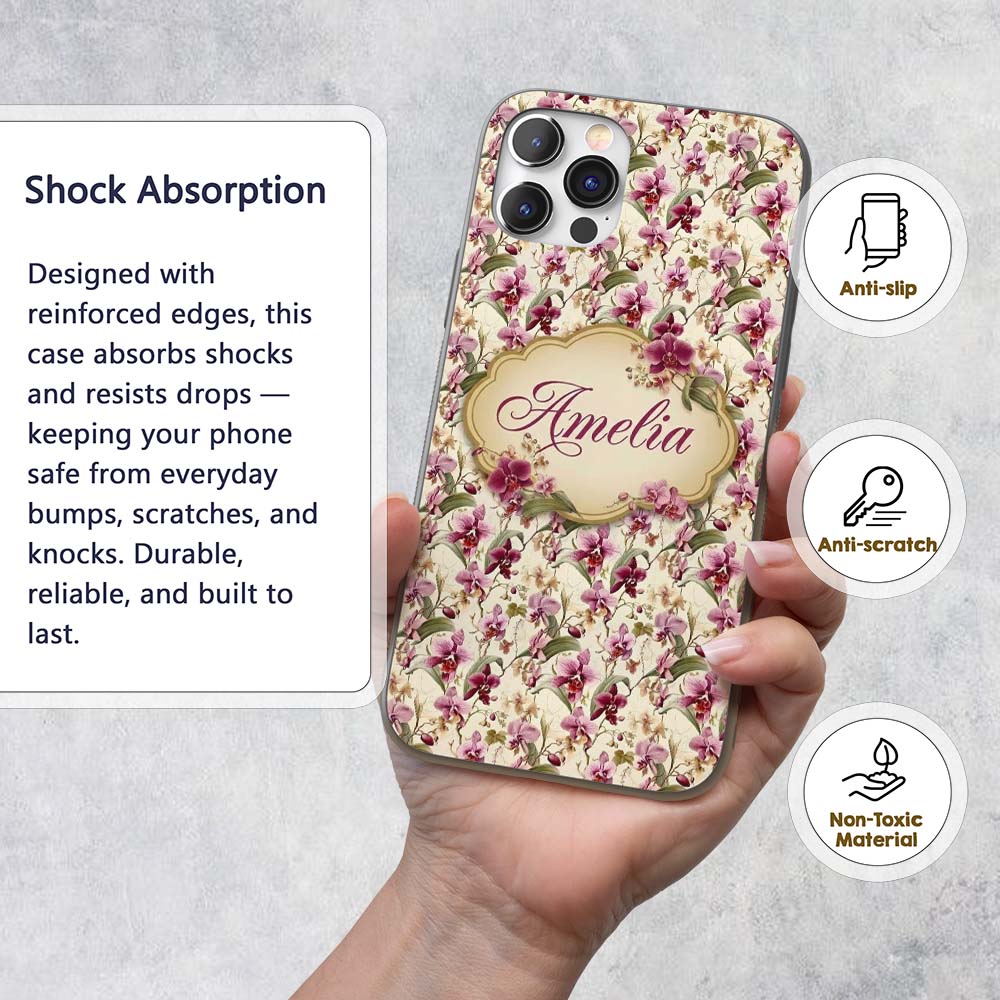 Blush Pink Orchid Floral Vintage Garden Seamless Custom Name Protective Phone Case Mobile Cover Durable Everyday Smartphone Shock Resistant
