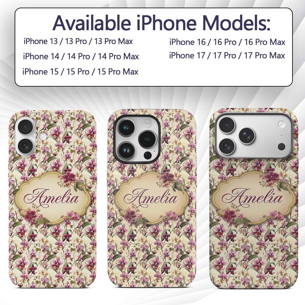 Blush Pink Orchid Floral Vintage Garden Seamless Custom Name Protective Phone Case Mobile Cover Durable Everyday Smartphone Shock Resistant