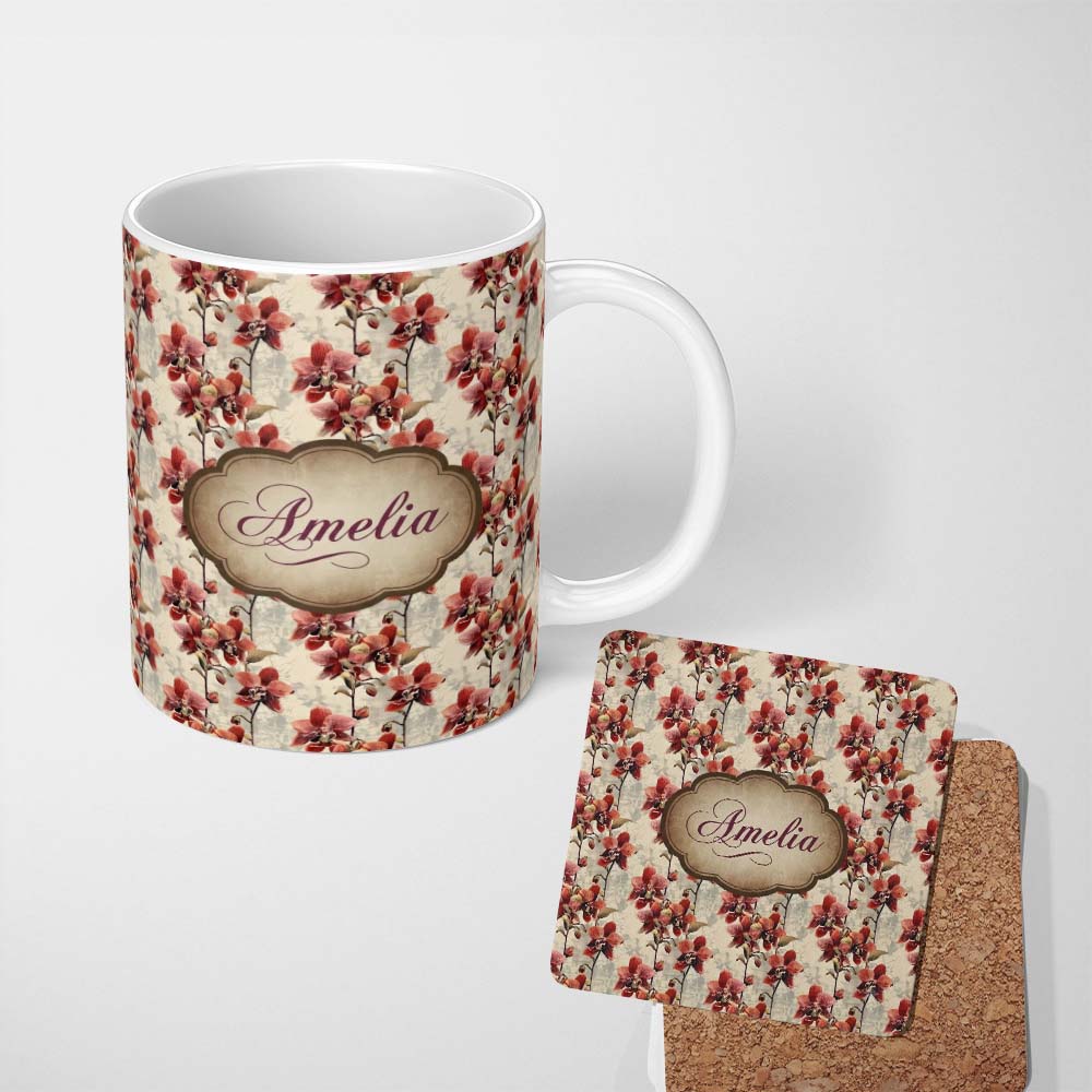 Personalized Custom Name Deep Red Orchid Floral Vintage Classic Seamless Pattern Name Cute 11oz Ceramic Coffee Tea Mug White Large Handle