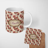 Personalized Custom Name Deep Red Orchid Floral Vintage Classic Seamless Pattern Name Cute 11oz Ceramic Coffee Tea Mug White Large Handle