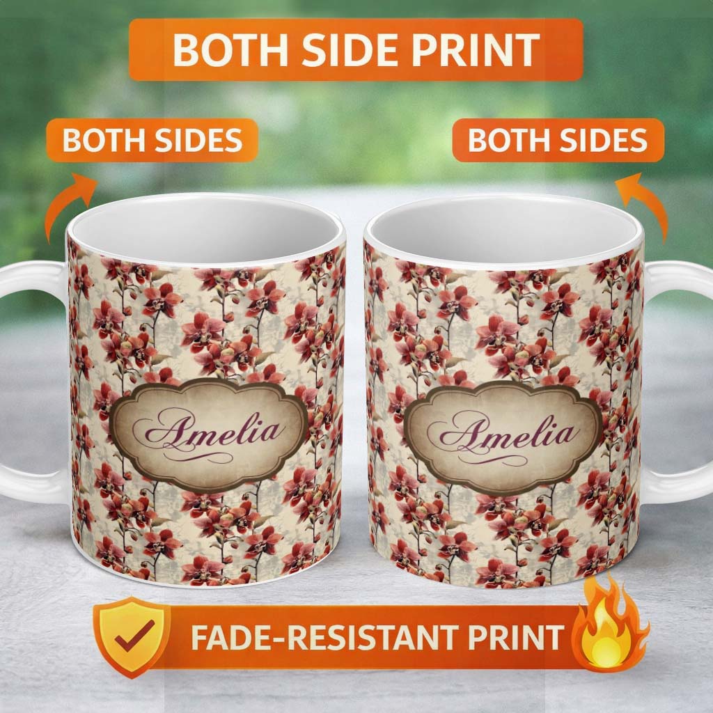 Personalized Custom Name Deep Red Orchid Floral Vintage Classic Seamless Pattern Name Cute 11oz Ceramic Coffee Tea Mug White Large Handle