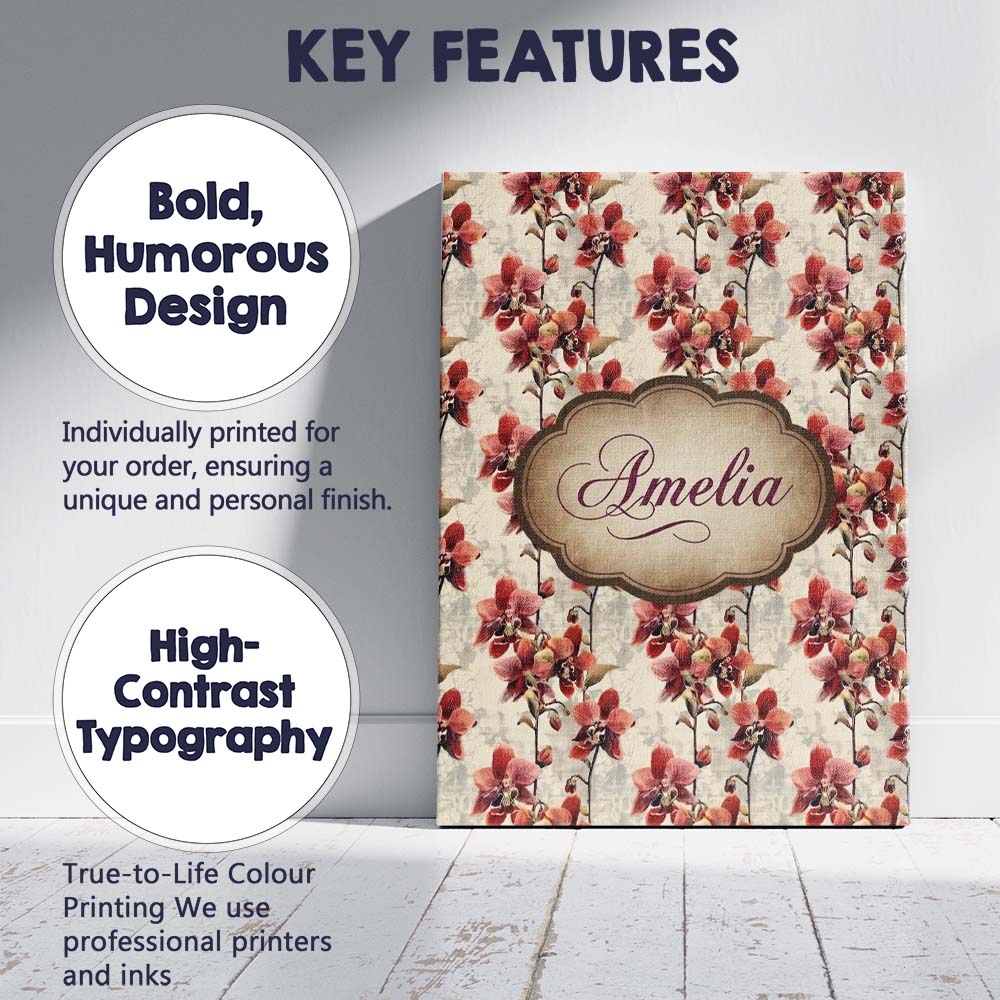 Personalised Name Deep Red Orchid Floral Custom  Unique Gift Idea Elegant Feature Canvas Wall Art Print Decor Picture Ready to Hang