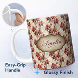 Personalized Custom Name Deep Red Orchid Floral Vintage Classic Seamless Pattern Name Cute 11oz Ceramic Coffee Tea Mug White Large Handle