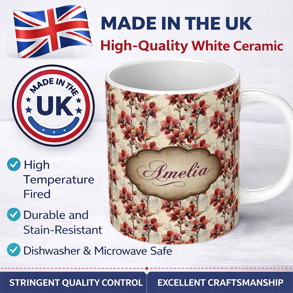 Personalized Custom Name Deep Red Orchid Floral Vintage Classic Seamless Pattern Name Cute 11oz Ceramic Coffee Tea Mug White Large Handle