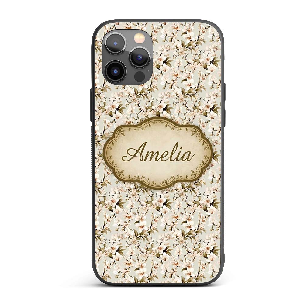 Elegant White Orchid Floral Vintage Seamless Custom Name Protective Phone Case Mobile Cover Durable Everyday Smartphone Shock Resistant