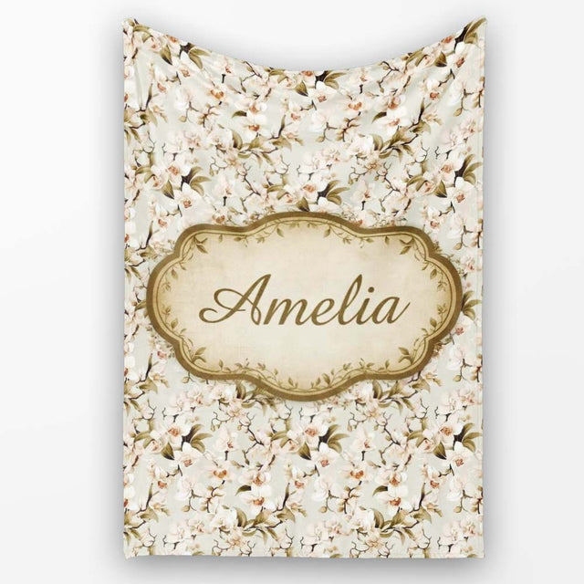 Elegant White Orchid Floral Vintage Seamless Pattern Name Cute  Personalised Custom Name Super Soft Fleece Blanket Bed Sofa Throw