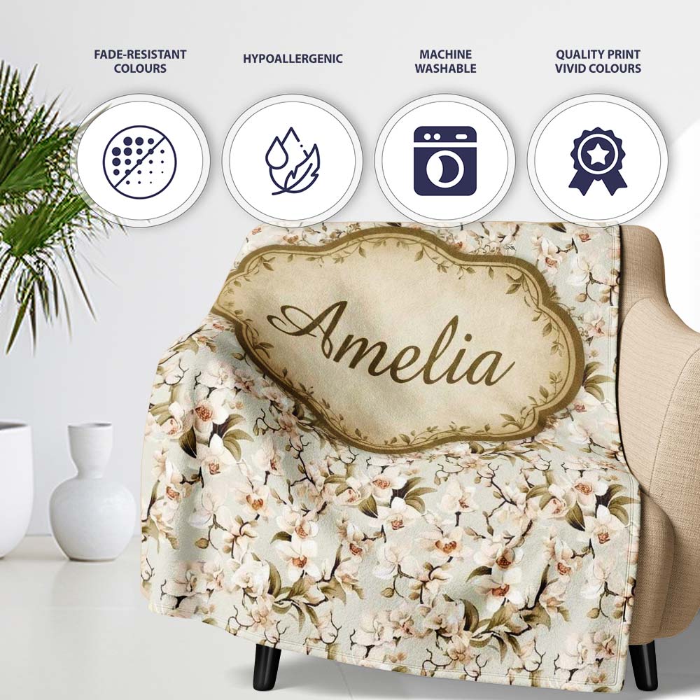 Elegant White Orchid Floral Vintage Seamless Pattern Name Cute  Personalised Custom Name Super Soft Fleece Blanket Bed Sofa Throw