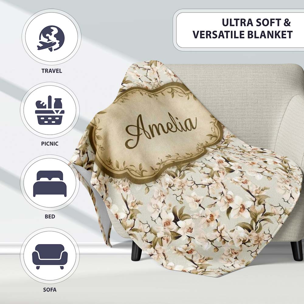 Elegant White Orchid Floral Vintage Seamless Pattern Name Cute  Personalised Custom Name Super Soft Fleece Blanket Bed Sofa Throw
