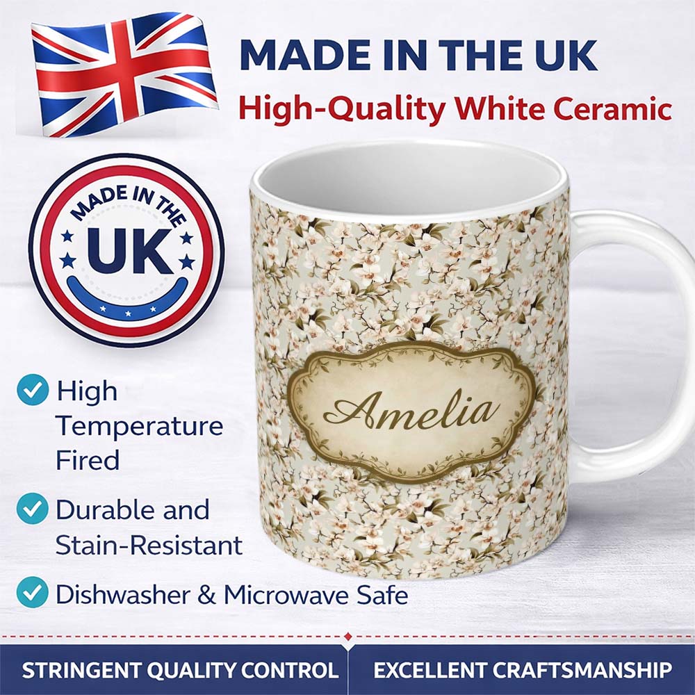 Personalized Custom Name Elegant White Orchid Floral Vintage Seamless Pattern Name Cute 11oz Ceramic Coffee Tea Mug White Large Handle